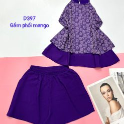 Đồ bộ gấm phối mango quần đùi trơn áo yếm 2 dây cột sau 2 lớp - DBO4566