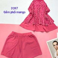 Đồ bộ gấm phối mango quần đùi trơn áo yếm 2 dây cột sau 2 lớp - DBO4566
