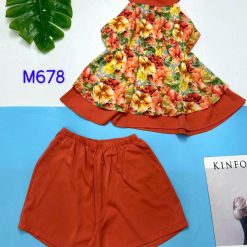 Đồ bộ mango siêu mát quần đùi trơn yếm cổ tròn 2 tầng - DBO4567