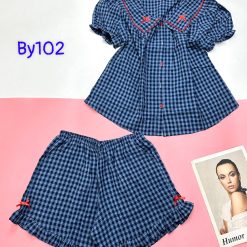 đồ bộ sơ mi ca rô cổ bẻ có nơ nhỏ ở cổ áo tay phồng - DBO4569
