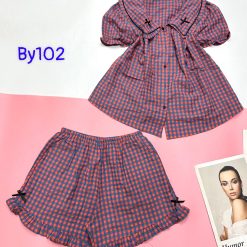 đồ bộ sơ mi ca rô cổ bẻ có nơ nhỏ ở cổ áo tay phồng - DBO4569