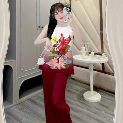 Đồ bộ quần dài áo yếm vải tonl in nhiều hình sang trọng - DBO4571