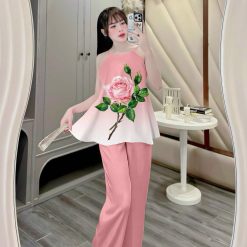 Đồ bộ quần dài áo yếm vải tonl in nhiều hình sang trọng - DBO4571