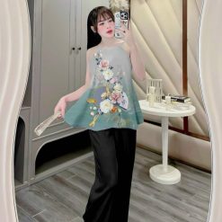 Đồ bộ quần dài áo yếm vải tonl in nhiều hình sang trọng - DBO4571