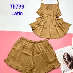 Đồ bộ trơn quần đùi latin áo có nơ nhỏ 2 dây - DBO4575