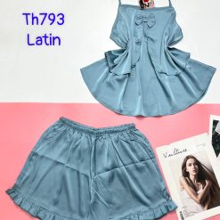 Đồ bộ trơn quần đùi latin áo có nơ nhỏ 2 dây - DBO4575