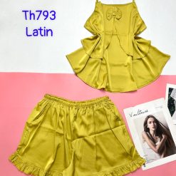 Đồ bộ trơn quần đùi latin áo có nơ nhỏ 2 dây - DBO4575