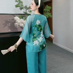 Đồ bộ quần dài áo tay lỡ in hình nhiều hoa sen khác nhau - DBO4577