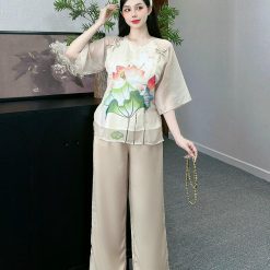 Đồ bộ quần dài áo tay lỡ in hình nhiều hoa sen khác nhau - DBO4577