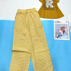 Đồ bộ mặc nhà quần dài caro áo ba lỗ in chữ R - DBO4578