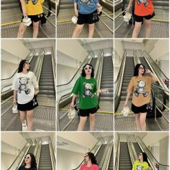 Đồ bộ thun nữ quần đùi áo thun in gấu lớn form rộng 70kg - DBO4583