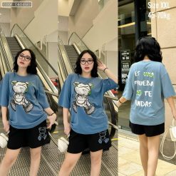 Đồ bộ thun nữ quần đùi áo thun in gấu lớn form rộng 70kg - DBO4583