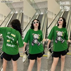 Đồ bộ thun nữ quần đùi áo thun in gấu lớn form rộng 70kg - DBO4583