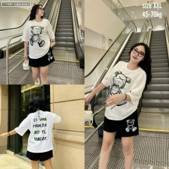 Đồ bộ thun nữ quần đùi áo thun in gấu lớn form rộng 70kg - DBO4583