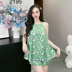 Đồ bộ gấm quần đùi áo yếm 2 dây in nhiều hình dễ thương - DBO4606
