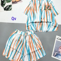 Đồ bộ sọc loang quần đùi áo sơ mi tay ngắn cổ bẻ in chữ M - DBO4611