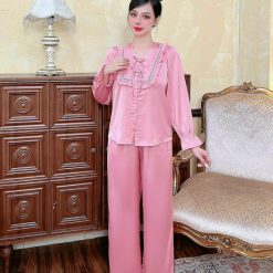 Đồ bộ quần dài áo tay dài bèo cổ v bèo vuông nơ màu trơn - DBO4612