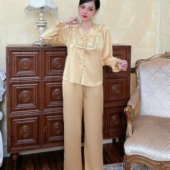 Đồ bộ quần dài áo tay dài bèo cổ v bèo vuông nơ màu trơn - DBO4612