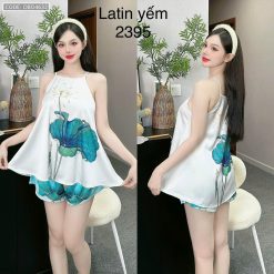 Đồ bộ mặc nhà siêu mát quần đùi latin áo yếm nhiều bông lớn - DBO4632