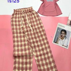 Đồ bộ mặc nhà quần dài carô áo sát nách in chữ RA - DBO4634