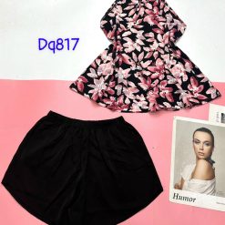 Đồ bộ mặc nhà siêu mát quần đùi trơn áo yếm nhiều hoạ tiết - DBO4639