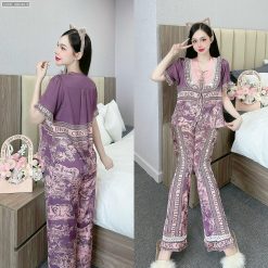 Đồ bộ quần dài áo tay ngắn cổ viền nơ in nhiều hoạ tiết khác nhau - DBO4678