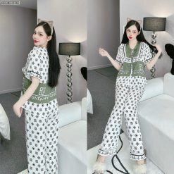 Đồ bộ quần dài áo tay ngắn cổ viền nơ in nhiều hoạ tiết khác nhau - DBO4678