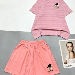 Đồ bộ quần đùi trơn áo tay ngắn kẻ sọc ngang in hình gấu - DBO4685