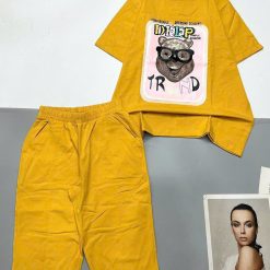 Đồ bộ quần lửng trơn áo tay ngắn in hình gấu chữ Deep - DBO4690