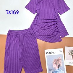 Đồ bộ vải tăm đũa quần ngố áo tay ngắn trơn nhún bên hông xẻ tà áo - DBO4693