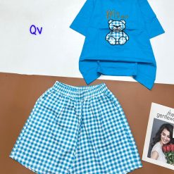 Đồ bộ quần đùi ca rô nhỏ áo thun in hình gấu - DBO4695