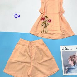 Đồ bộ quần đùi áo sát nách có thêu cành hoa - DBO4698