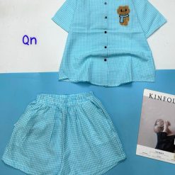 đồ bộ sơ mi ca rô nhỏ in hình chú gấu - DBO4704