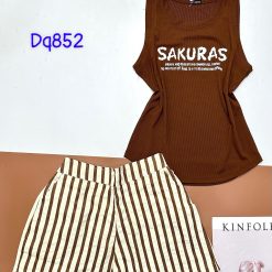 Đồ bộ quần đùi ca rô nhỏ áo ba lỗ in hình chữ Sakura - DBO4705