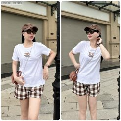 Đồ bộ quần đùi ca rô nhỏ áo thun in chữ Yes - DBO4712