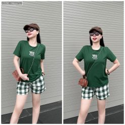 Đồ bộ quần đùi ca rô nhỏ áo thun in chữ Yes - DBO4712