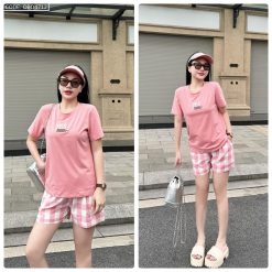 Đồ bộ quần đùi ca rô nhỏ áo thun in chữ Yes - DBO4712