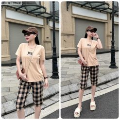 Đồ bộ quần lửng ca rô nhỏ áo thun in chữ Yes - DBO4713