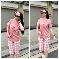 Đồ bộ quần lửng ca rô nhỏ áo thun in chữ Yes - DBO4713