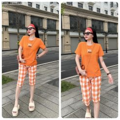 Đồ bộ quần lửng ca rô nhỏ áo thun in chữ Yes - DBO4713