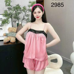 Đồ bộ quần đùi trơn latin áo hai dây phối ren - DBO4720