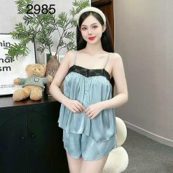 Đồ bộ quần đùi trơn latin áo hai dây phối ren - DBO4720