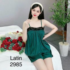 Đồ bộ quần đùi trơn latin áo hai dây phối ren - DBO4720