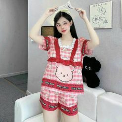 Đồ bộ quần đùi latin áo cổ vuông viền ren nơ in hình dể thương - DBO4724