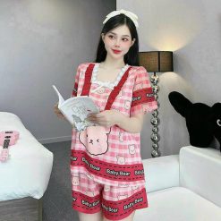 Đồ bộ quần đùi latin áo cổ vuông viền ren nơ in hình dể thương - DBO4724