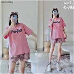 đồ bộ quần ca rô áo thun in chữ - DBO4732