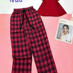 Đồ bộ mặc nhà quần dài carô áo dây bản chữ More - DBO4734