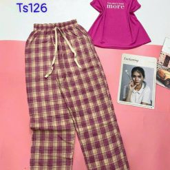 Đồ bộ mặc nhà quần dài carô áo dây bản chữ More - DBO4734