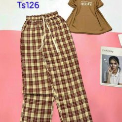 Đồ bộ mặc nhà quần dài carô áo dây bản chữ More - DBO4734