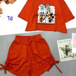 Đồ bộ quần đùi rút dây áo croptop cổ tròn in hình thú - DBO4748